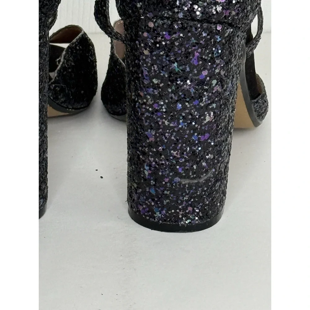 Betsey Johnson Glissten Black Glitter Heels Peep Toe Adjustable Ankle Strap Sz 9 - Picture 13 of 15